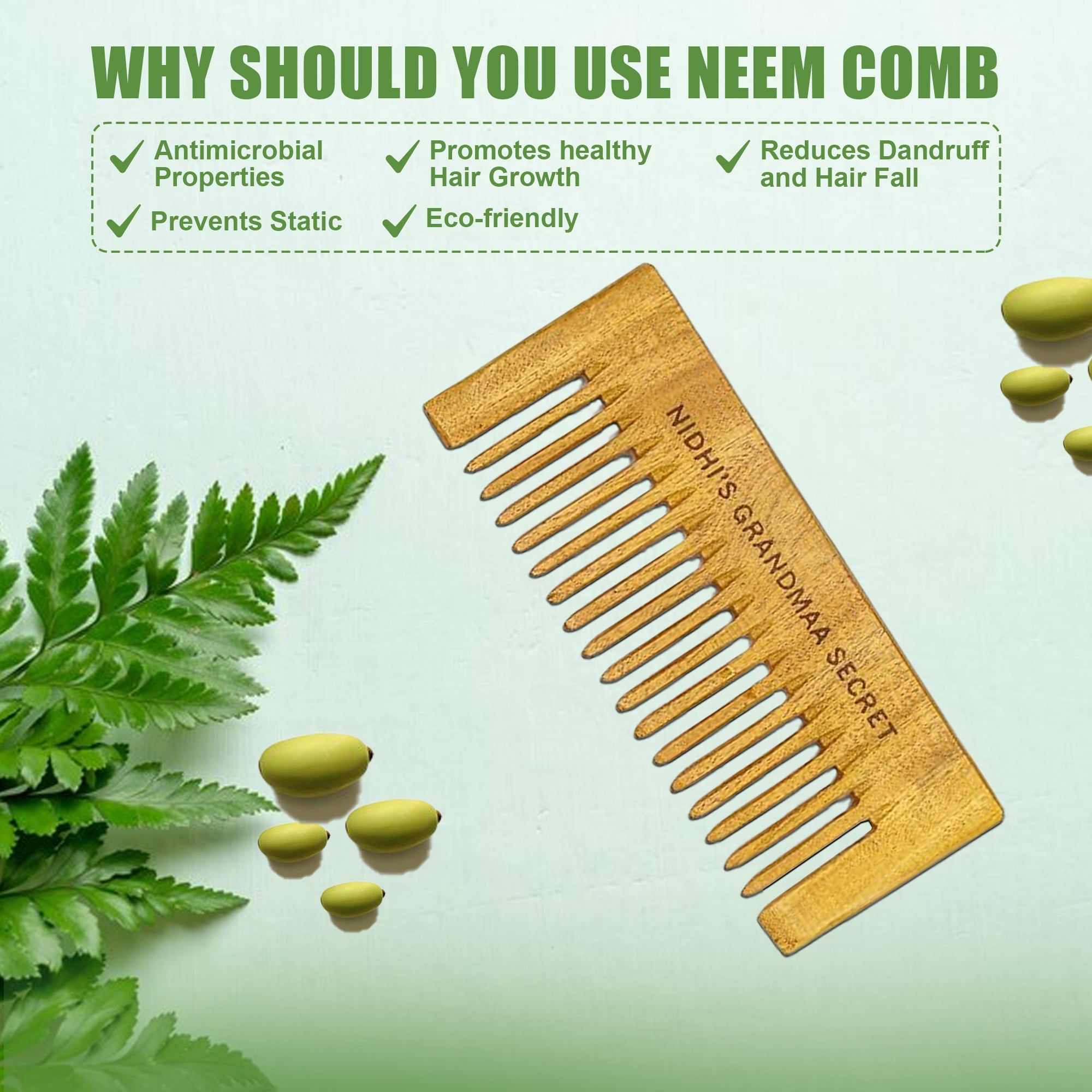Kacchi Neem Comb - Wooden Comb for Men & Women - 1pc - grandmaasecret.net