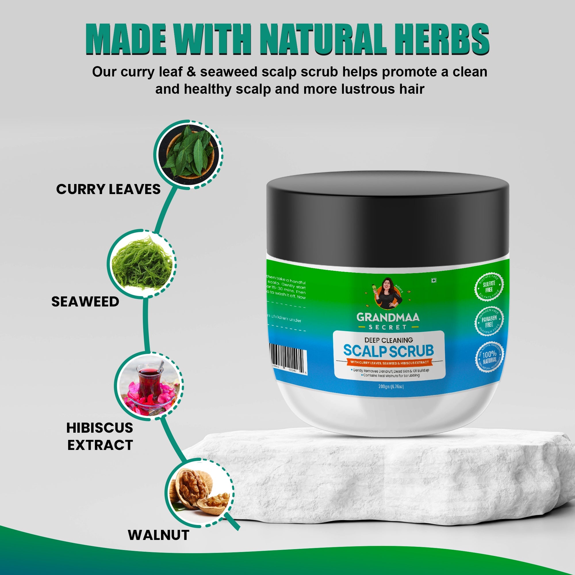 Scalp Scrub with Curry Leaves & Seaweed - Removes Dandruff, Dead Skin & Oil Buildup - 200g - grandmaasecret.net