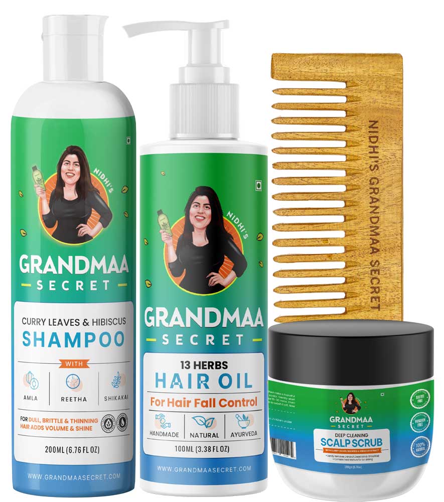 Hair Fall Control Combo with Hair Oil, Shampoo, Scalp Scrub, Neem Comb - grandmaasecret.net