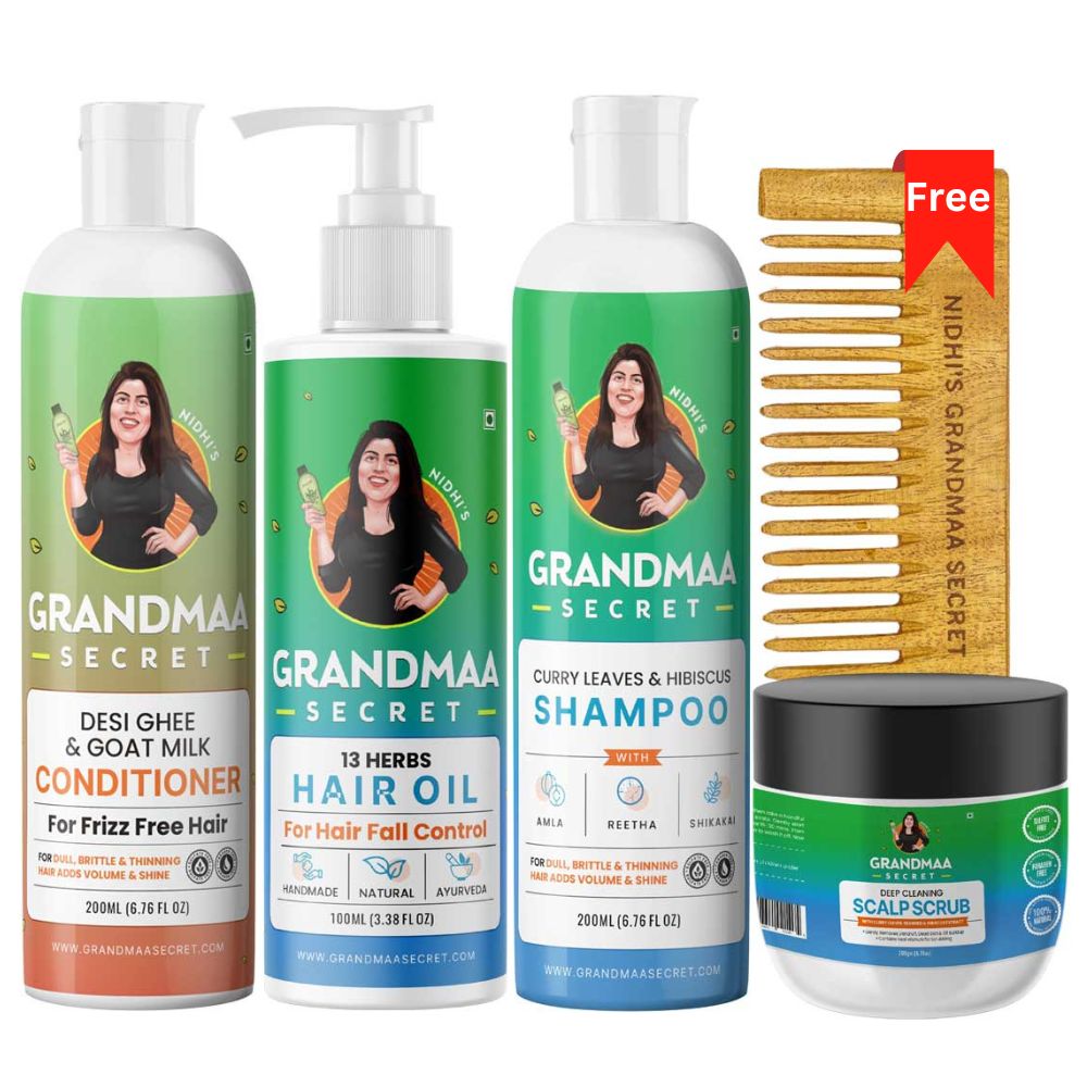 Hair Growth Combo with Hair Oil, Shampoo, Conditioner and Scalp Scrub & Free Neem Comb - grandmaasecret.com