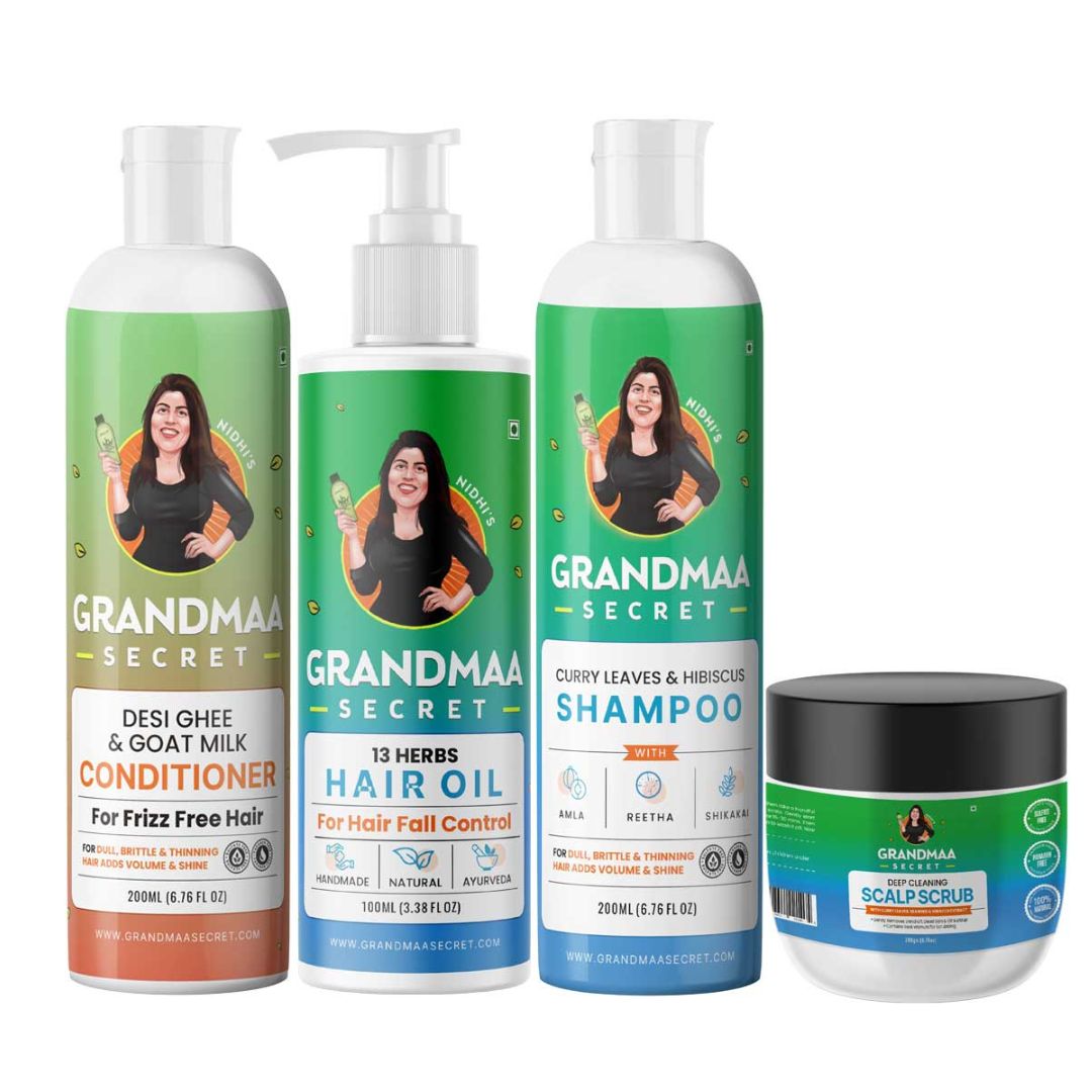 Hair Care Combo with Hair Oil, Shampoo, Conditioner and Scalp Scrub - grandmaasecret.com