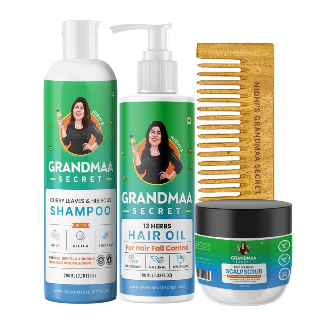Hair Fall Control Combo with Hair Oil, Shampoo, Scalp Scrub, Neem Comb - grandmaasecret.com
