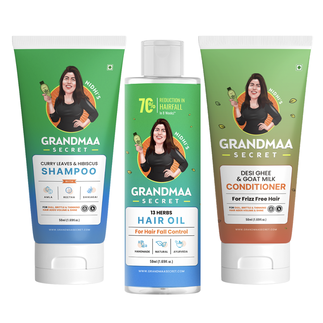Hair Fall Control Trial Combo | Hair Oil + Shampoo + Conditioner | Natural Hair Growth Kit | Sulphate & Paraben Free | 3 x 50ml - grandmaasecret.com