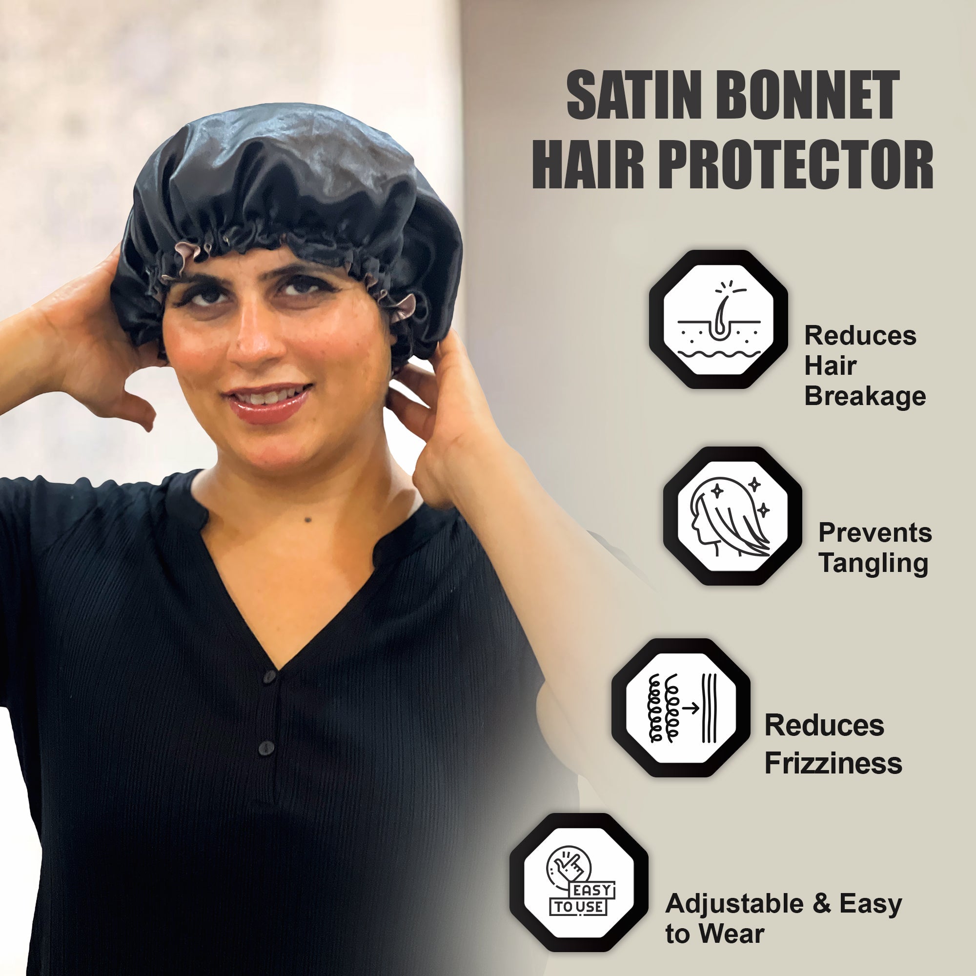 Satin Bonnet Hair Protector - Night Cap for Curly, Wavy Hair - Reduces Hair Breakage, Detangle & Anti-Frizz (Free Size)