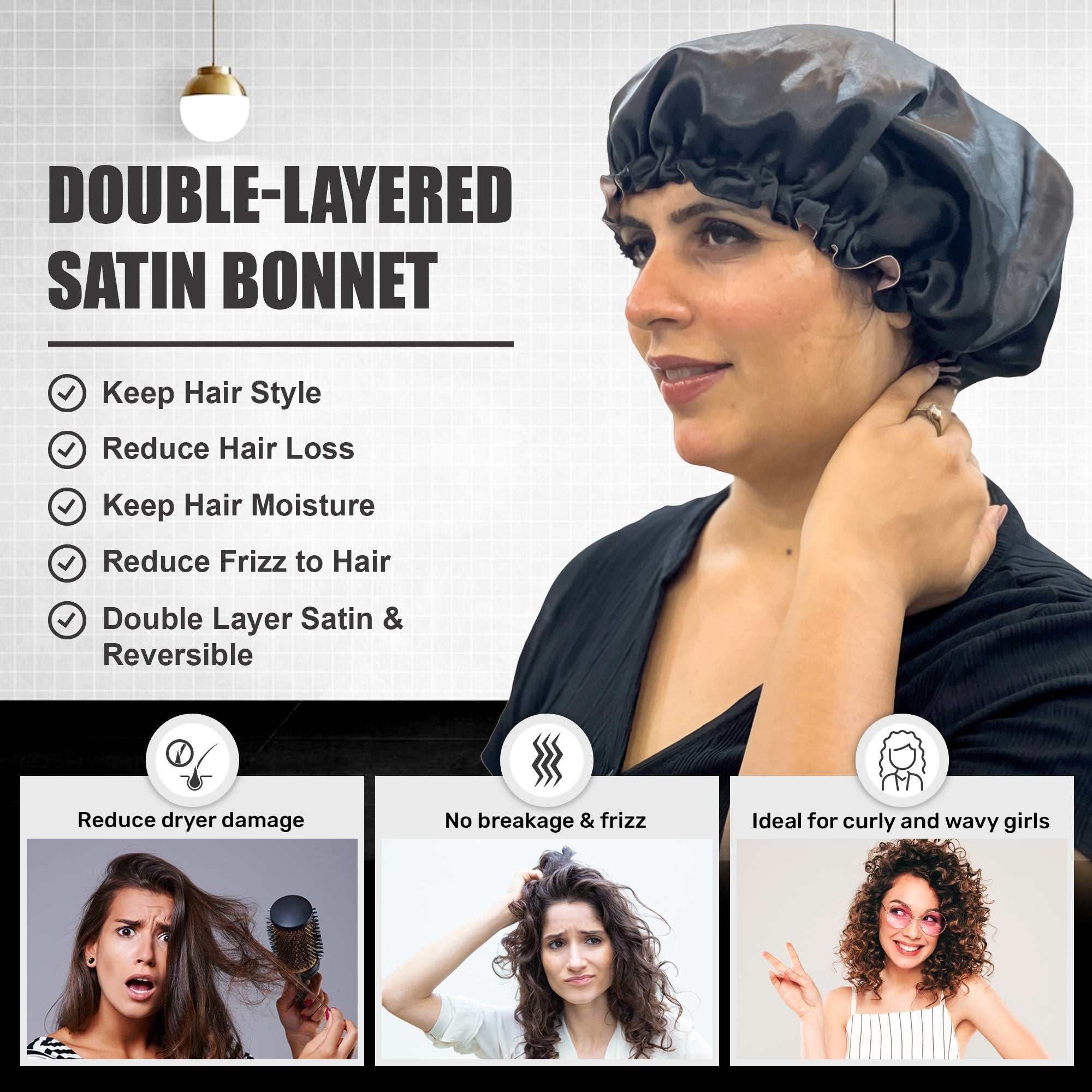 Satin Bonnet Hair Protector - Night Cap for Curly, Wavy Hair - Reduces Hair Breakage, Detangle & Anti-Frizz (Free Size)