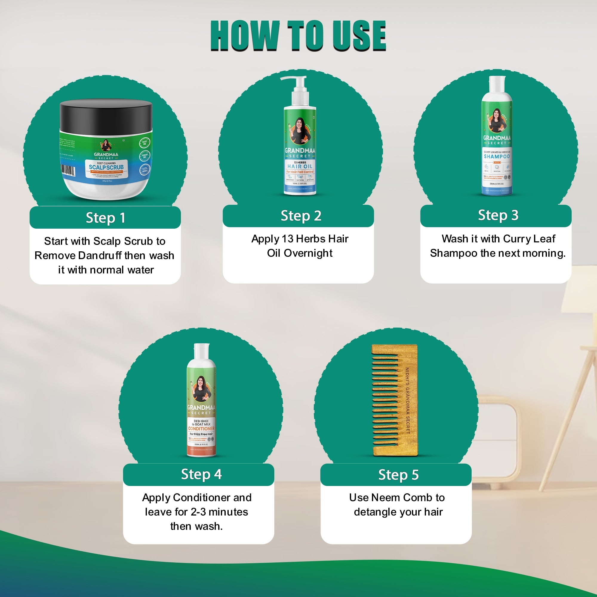 Hair Growth Combo with Hair Oil, Shampoo, Conditioner and Scalp Scrub & Free Neem Comb - grandmaasecret.com